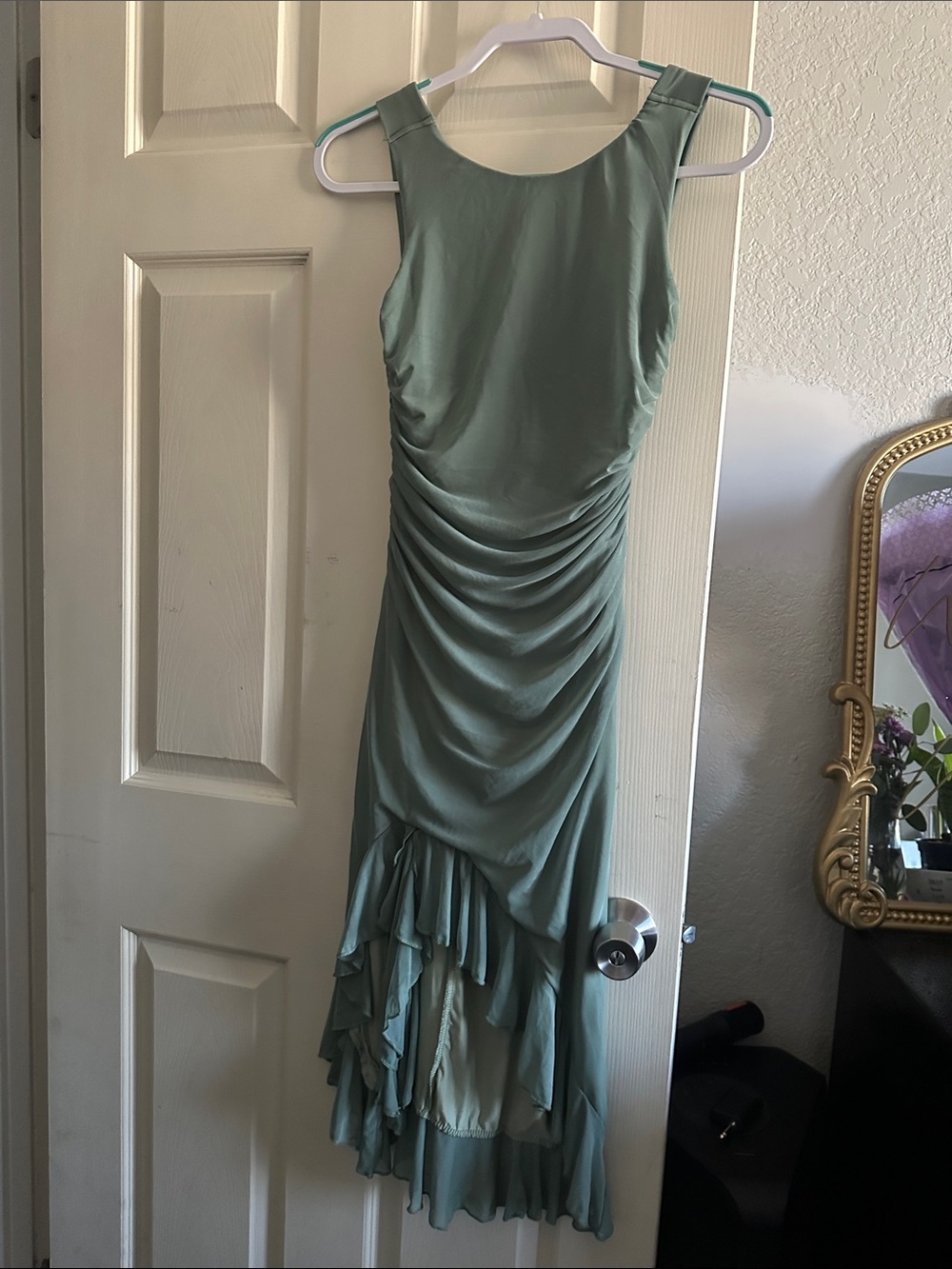Sleeveless Sage Green Ruched High-Low Dress